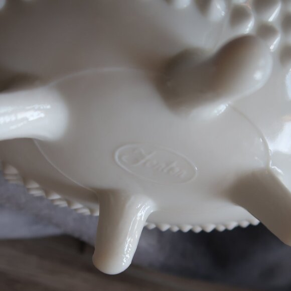 Vintage Fenton Marked Milk Glass Hobnail Textured Oval Lidded Candy Bowl - Picture 9 of 16